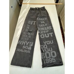 Adika Wide Leg Jeans Womens XS Black Graphic Print Distressed Denim Pants